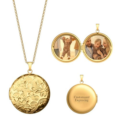 Locket Necklace for Women Girls, 18” Jewelry Chain, Picture Photo Inside, Cadenas para mujer, Personalized Custom Name Gold Locket, Customized Couples Locket, Silver, Rose Gold, Gold - color: Gold, style: 2 Photos + Engraving Necklace
