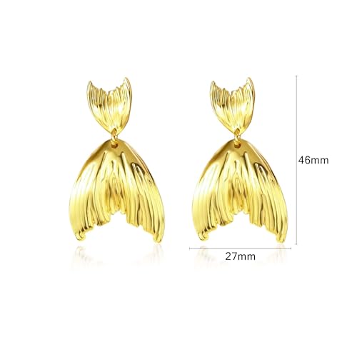 Large Geometric Drop Dangle Earrings for Women Pearl Teardrop Disc Rectangle Oval Fishtail Shell Shaped Textured Dangle Studs Earrings for Women - color: Gold-Fishtail