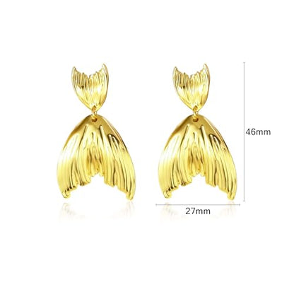 Large Geometric Drop Dangle Earrings for Women Pearl Teardrop Disc Rectangle Oval Fishtail Shell Shaped Textured Dangle Studs Earrings for Women - color: Gold-Fishtail
