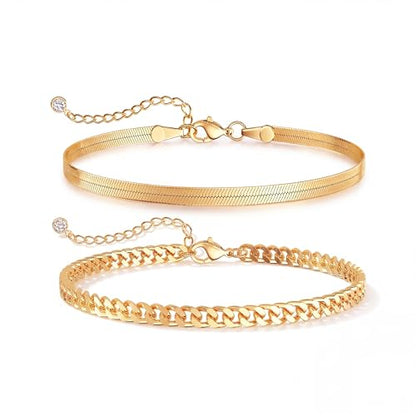 Robaice Adjustable Ankle Set for Women Waterproof, 14K Gold Plated | Layered Cuban, tennis, herringbone and clover chain styles, waterproof and non-tarnish for everyday wear or gifting - color: Cuban & Herringbone - Gold (2pcs)