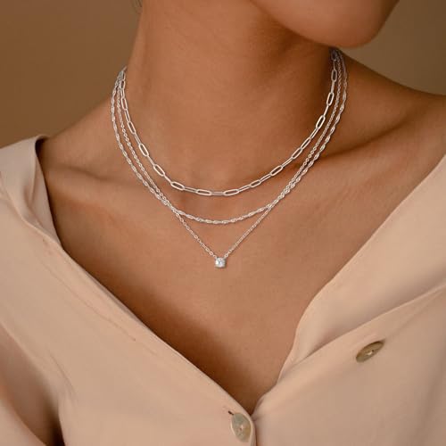 CHESKY Layered Silver Necklace for Women Trendy,Dainty Silver Plated Stackable Charm Necklace Layering Paperclip Tennis Rope Chain CZ Pendant Jewelry Set Gifts - style: CZ-silver