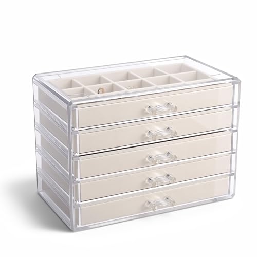 Acrylic Jewelry Box with 5 Drawers, Clear Case with Beige Velvet Lining, 9.25" x 5.31" x 6.7" Earring Organizer with Adjustable Dividers, Stackable Storage Display for Rings Necklaces Bracelets