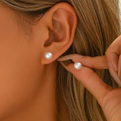 Pearl Stud Earrings for Women Gold/Silver Plated 3mm 4mm 5mm 6mm 8mm Pearl Earrings Dainty Hypoallergenic Earrings - color: White Gold, size: 8 Millimeters
