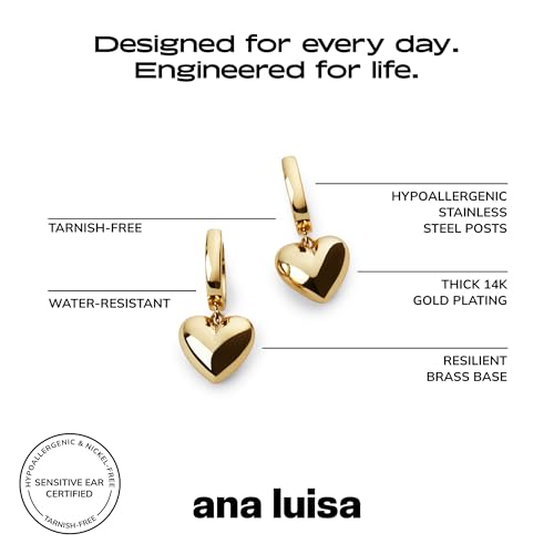 Ana Luisa Puffed Heart Earrings - Heart Charm Huggie Hoops and Earring Stud Styles - Dainty 14K Gold Plated, Silver Rhodium Plated & Mixed Metal Silver & Gold Earrings - Hypoallergenic Water-Resistant - color: Gold Drop