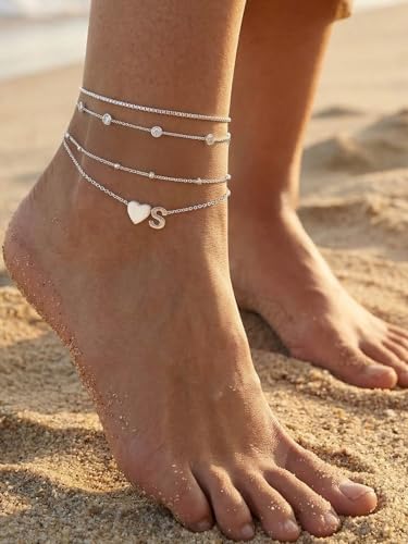 Silvora Ankle Bracelets for Women Waterproof 14K Gold/Silver/Black Initial Anklet for Women Dainty Layered Heart Ankle Bracelets Stainless Steel Adjustable Foot Chain Anklet Summer Beach Jewelry - color: S-Silver