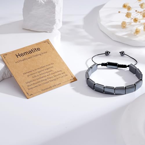 Hematite Bracelet for Men, Natural Hematite Stone Handmade Braided Rope Bracelets Healing Grounding Balance Inspirational Jewelry Birthday Gift for Him - color: Hematite-2