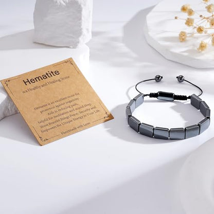 Hematite Bracelet for Men, Natural Hematite Stone Handmade Braided Rope Bracelets Healing Grounding Balance Inspirational Jewelry Birthday Gift for Him - color: Hematite-2
