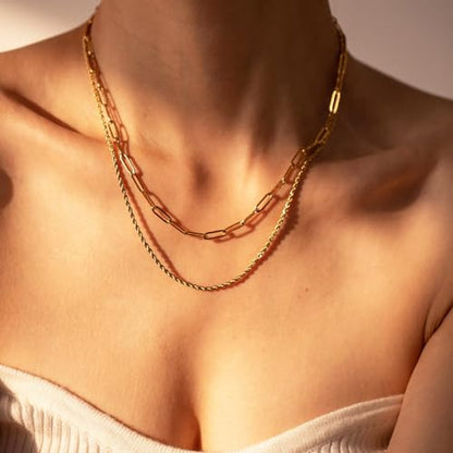 Layered Gold Necklaces for Women14K Gold Planted Non Tarnish | Cuban, Herringbone,Figaro,Paperclip Chain Layering Stack Choker Necklace , Trendy Jewelry Gift for Women - color: E