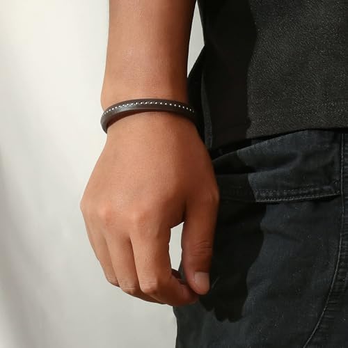 Italian Handmade Leather Bracelets for Men - color: Thin Brown, size: 8.2"