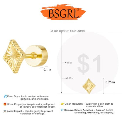 Flat Back Earrings for Women Cartilage Helix | Comfortable Dainty Cute Dragon Bee Bird Phoenix Dragonfly Cute Animal Leaf Spiral Rhombus Design Flatback Stud Earrings - color: gold rhombus