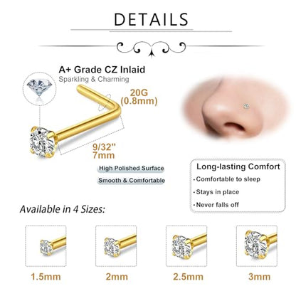 Incaton 20G Stainless Steel Nose Rings for Women Nose Rings Hoops L Shaped Nose Studs Screw Nose Piercing Jewelry for Women Men Silver Rose Gold Black Rainbow - color: 8P STUD GOLD
