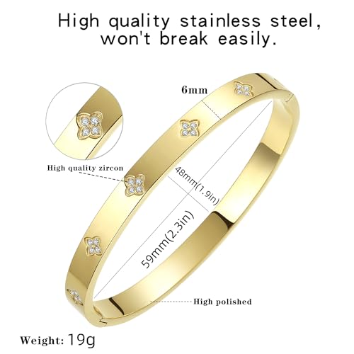 14K Gold Plated Four Leaf Clover Bangle Bracelet | Stainless Steel Lucky Love Cuff with Cubic Zirconia, Hypoallergenic Jewelry Gift for Women - color: Clover Gold-Small