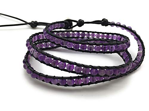 Handmade Alloy Leather Natural Stone Bead Statement Bracelet Bangle Cuff Rope 3 Wrap Adjustable Jewelry Collection - color: Amethyst & Black Leather Cord