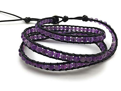 Handmade Alloy Leather Natural Stone Bead Statement Bracelet Bangle Cuff Rope 3 Wrap Adjustable Jewelry Collection - color: Amethyst & Black Leather Cord