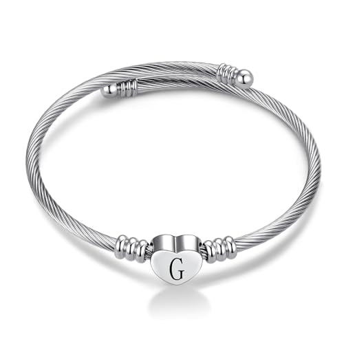 Women Initial Heart A-Z Letter Cuff Bracelet Personalized Name Expandable Wristband Bangle Bracelets Stainless Steel Birthday Jewelry - style: G