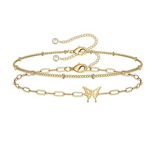 Dainty Gold Bracelets for Women, 14K Gold Plated Adjustable Layered Beads Bracelet Cute Evil Eye Oval Chain Pearl Bar Turtle Gold Bracelets for Women Jewelry - style: Beads Chain&Butterfly