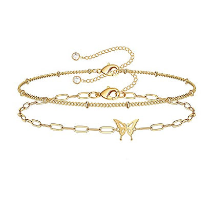 Dainty Gold Bracelets for Women, 14K Gold Plated Adjustable Layered Beads Bracelet Cute Evil Eye Oval Chain Pearl Bar Turtle Gold Bracelets for Women Jewelry - style: Beads Chain&Butterfly
