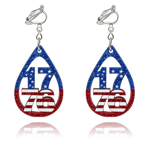 4th of July Independence Day Clip on Earring for Women American Flag Dangle Earrings Patriotic Red White Blue USA Earring, Pave Crystal Stud - color: blue water droplet