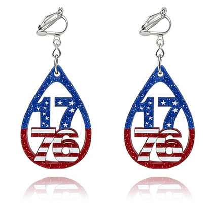 4th of July Independence Day Clip on Earring for Women American Flag Dangle Earrings Patriotic Red White Blue USA Earring, Pave Crystal Stud - color: blue water droplet