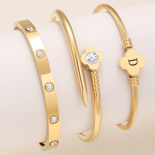 14K Gold Plated Personalized Flower Bracelet Set with Initial Charm Trendy Stackable Jewelry for Women - style: style1 D