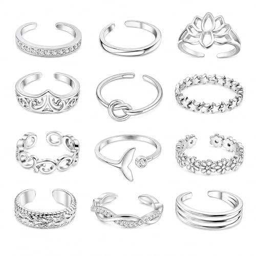 12PCS Toe Rings for Women 14K Gold/Silver Plated Adjustable Toe Ring Set Open Heart Arrow Infinity Rings Beach Foot Jewelry for Summer - color: Silver3