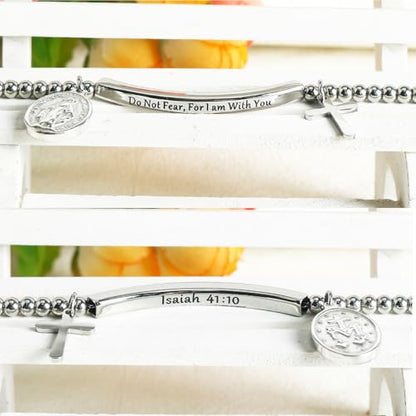 DS Inspirational Bracelet for Women Christian Engraved Bibler Verse Cross Butterfly Daisies Charm Bracelet, Exquisite Stainless Steel Jewelry Daughter Best Friend Bestie - style: Do not fear for,I am with you-Silver