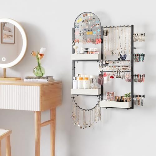 Keebofly Wall Mount Hanging Jewelry Organizer - Large Display Holder for Earrings, Rings, Necklaces, Bracelets, Watches and Perfume - White - color: White