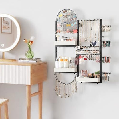 Keebofly Wall Mount Hanging Jewelry Organizer - Large Display Holder for Earrings, Rings, Necklaces, Bracelets, Watches and Perfume - White - color: White