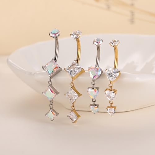 GAGABODY G23 Titanium Dangly Belly Button Ring Long Belly Rings Belly Piercing Jewelry 14G 3/8 inch 10mm Navel Barbell CZ Navel Piercing Ring - color: Style1:Gold+Dangle Square Shape Clear CZ