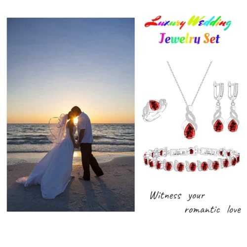 LMXXVJ Jewelry Set for Women,Teardrop Cubic Zirconia Necklace Earrings Adjustable Ring Bracelet Jewelry Set Formal Jewelry Gift - color: MHSD-White Gold-Garnet