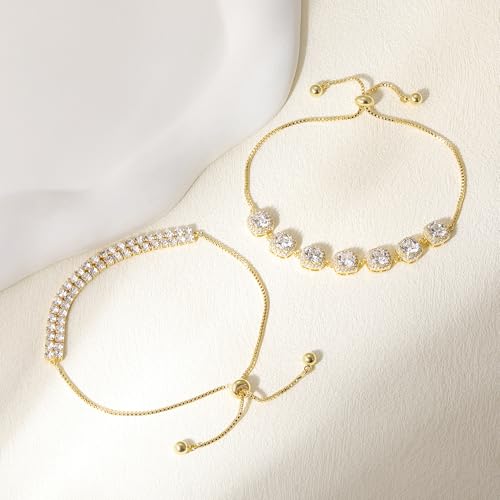 MDFUN 2 Pcs Tennis Bracelets for Women,Bracelet Adjustable Slider 6-9 Inch | 18K White/Gold Plated Cubic Zirconia Tennis Bracelet