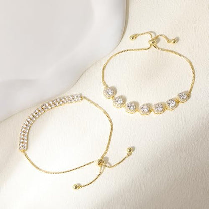 MDFUN 2 Pcs Tennis Bracelets for Women,Bracelet Adjustable Slider 6-9 Inch | 18K White/Gold Plated Cubic Zirconia Tennis Bracelet