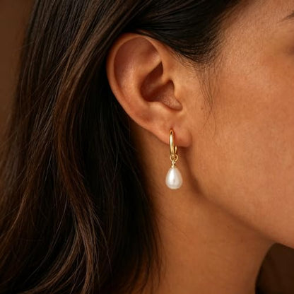 Pearl Earrings for Women Trendy, 14k Gold Plated Freshwater CZ Leaf Pearl Dangle Drop Gold Earrings Lightweight Hypoallergenic Stud Earring Bridesmaid Wedding Gold Jewelry for Women Gifts - style: hoop pearl-gold