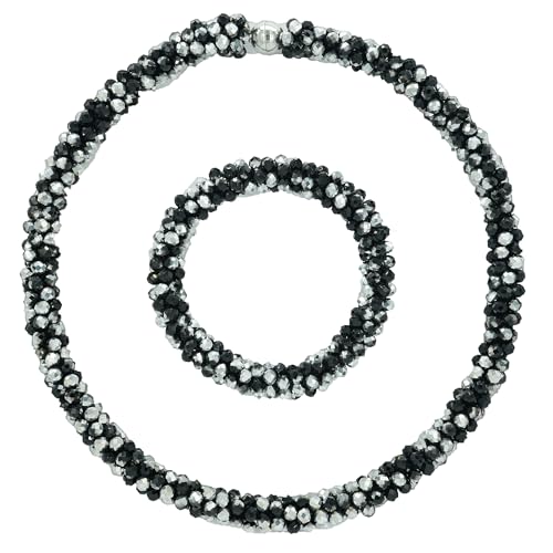 Hand Knotted Beads Statement Necklace Bracelet Jewelry Set Artificial Crystal Choker for Women- Handmade Beaded Strand Sparkly Faceted Crystal Rondelle-17inches, 30 Colors - color: Silvery&Black Set