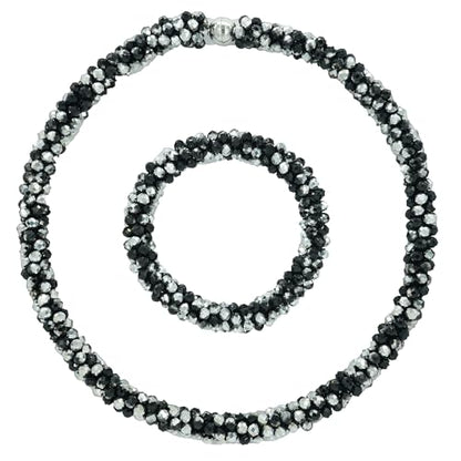 Hand Knotted Beads Statement Necklace Bracelet Jewelry Set Artificial Crystal Choker for Women- Handmade Beaded Strand Sparkly Faceted Crystal Rondelle-17inches, 30 Colors - color: Silvery&Black Set