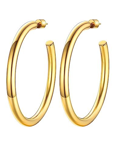 PROSTEEL Chunky Hoop Earrings for Women 14K Gold Plated/Black/Silver | 20/30/40/50/60/70/80mm Stainless Steel Thick Big Round Hoop with Waterproof and Non Tarnish Trendy Jewelry with Gift Box - color: 2. Gold, size: 60MM