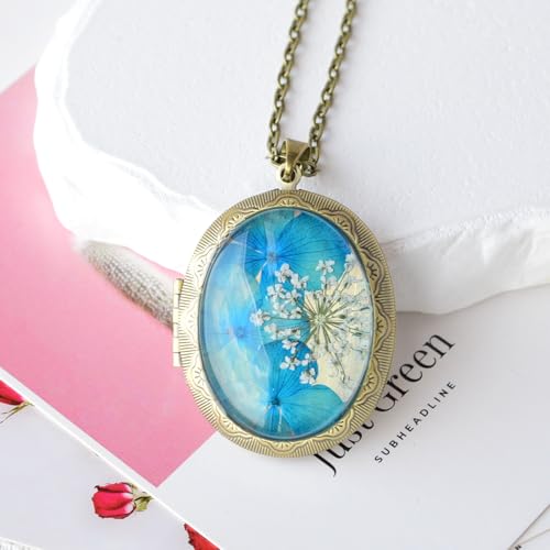 Vintage Photo Locket Necklace Handmade Pressed Flower Locket Necklace for Women - style: Blue Hydrangea(1.53"x 1.85")