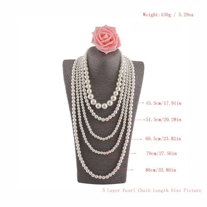 Multilayer Strand Chain Faux Pearls Flapper Beads Cluster Long Choker Necklace - color: White