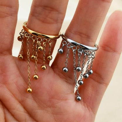Tiny Ball Tassel Dangle Stacking Thin Band Ring for Women - 18K Golden Plated Stainless Steel Hanging Round Beads Chain Statement Knuckle Finger Rings Band Fashion Birthday Jewelry Size 7 - color: Silver