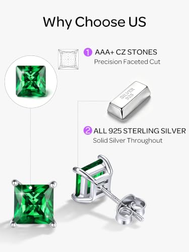 ChicSilver 925 Sterling Silver Earrings Sparkling Heart/Round/Princess Cut Birthstone Earrings for Women Birthday Jewelry with Gift Box - style: A.May(Emerald)-Princess Cut