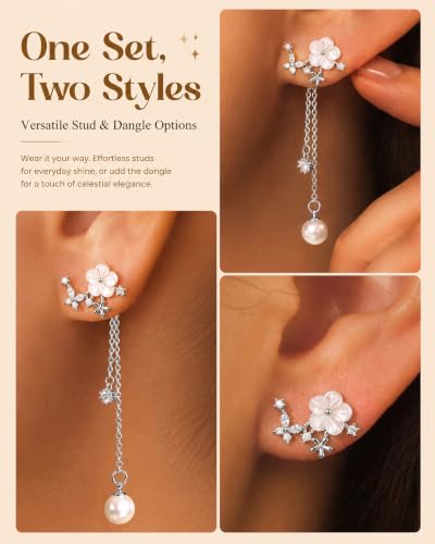Pearl Dangle Stud Earrings for Women, 925 Sterling Silver Post Drop Earring | Trendy Detachable Chain Earrings, CZ Flower Stud Earrings, Hypoallergenic Wedding Statement Jewelry for Brides - color: Silver 1