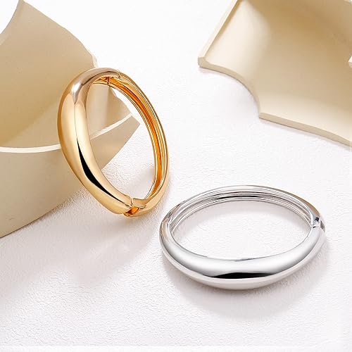 Gold Plated Cuff Bangle Bracelets For Women Trendy Hinged Cuff Open Wide Chunky Gold Bracelet Minimalist Bangle Jewelry Gift - color: Gold Round