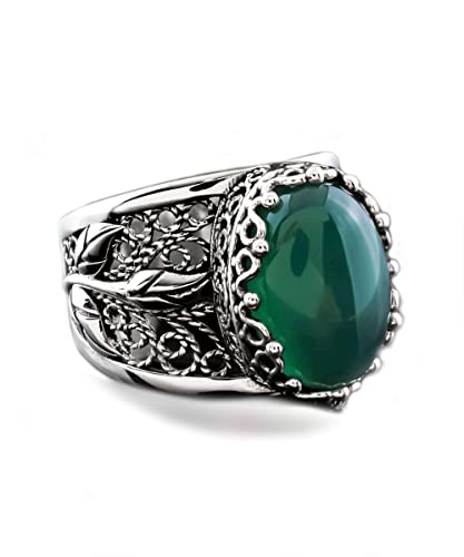 Filigranist 925 Sterling Silver Filigree Art Lace Embroidery Tulip Detailed Gemstone Women Cocktail Ring, Luxurious Gift Boxed - color: Green Agate