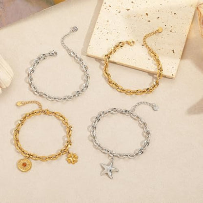 10 PCS Bracelets for Women Stainless Steel Chain Link Bracelet Set | 6.7 Inches with Extender, Jewelry Gifts for DIY, Chains Bulk, Oval, Curb, Figaro Chains, 18K Gold Plated, Silver, Chunky - color: Lip Gold