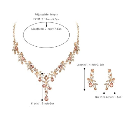 BriLove Wedding Jewelry Set for Women Bride, Y-Necklace Dangle Earrings Crystal Teardrop Leaf Flower Cluster Bridal Bridesmaid - color: 04-Champagne