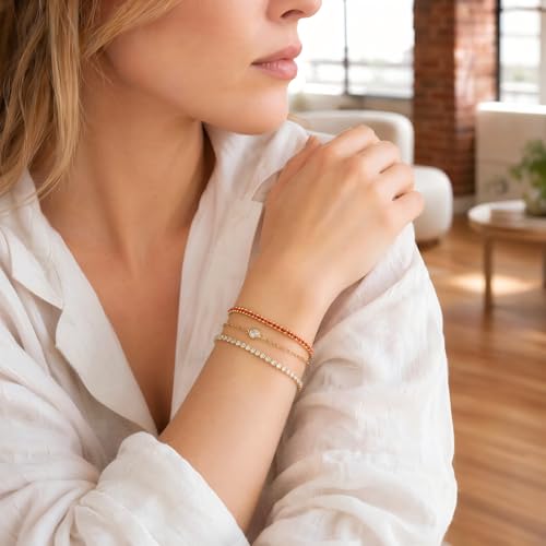 14K Gold Plated Bracelets for Women 2 Pcs Set - Red String & Cubic Zirconia Tennis Bracelet, Layered Stackable Adjustable Wristbands, Hypoallergenic Handmade Jewelry Gifts for Mom Wife Her - color: red string