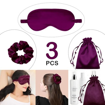 3Pcs Satin Eye Mask Silk Sleep Masks Set Silky Blindfold Eyeshade Blackout Eyes Cover Pouches Bag Scrunchy Wedding Gift - color: Plum