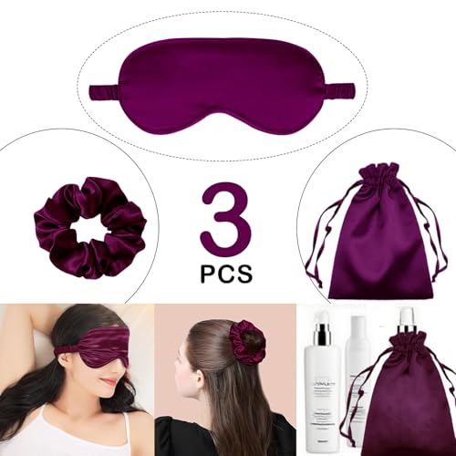 3Pcs Satin Eye Mask Silk Sleep Masks Set Silky Blindfold Eyeshade Blackout Eyes Cover Pouches Bag Scrunchy Wedding Gift - color: Plum