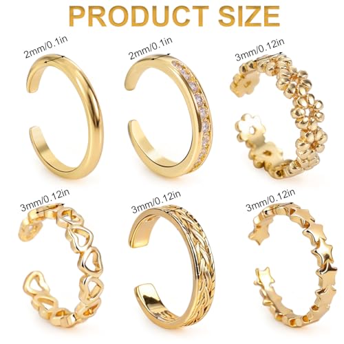 Mikovivi 6pcs Gold-Colored Toe Rings for Women, Adjustable Flower Star Heart CZ Dainty Toe Rings Summer Beach Open Foot Jewelry