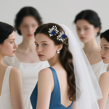 Wedding Hair Accessories Hair pieces Set Crystal bridal hair pins Rhinestone Pearl hair comb Brides and Bridesmaids, Girls, Women(（4PCS/SET BLUE) - color: blue